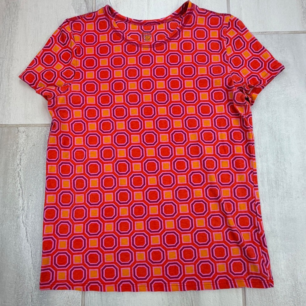 Tory Burch Red Orange Pink Geometric Octagon Print Cotton T-Shirt Small 45434